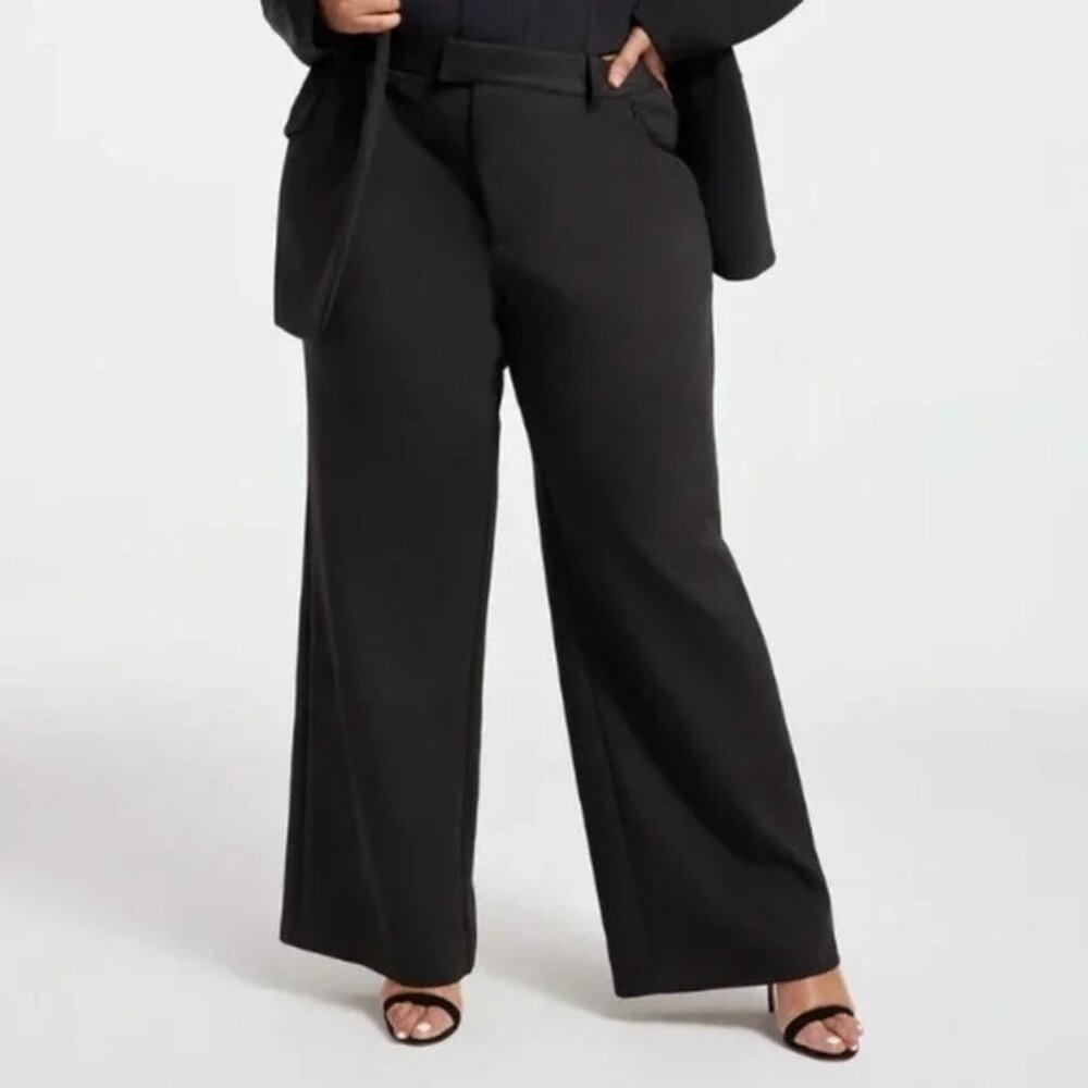 Good American High Rise Black Scuba Wide Leg Flare Trousers Pants Size 20